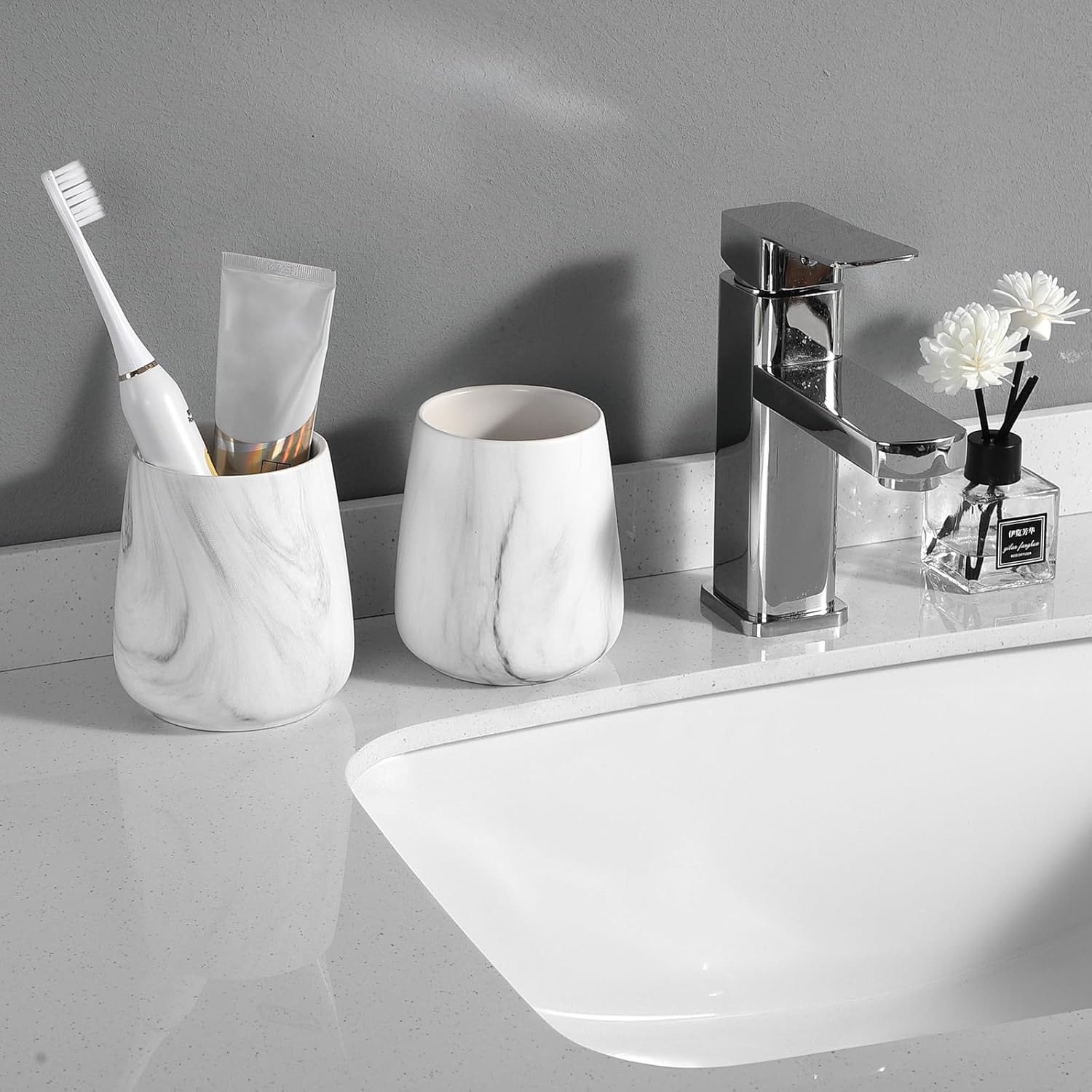 2Pcs Marble White Ceramic Toothbrush Holder Set