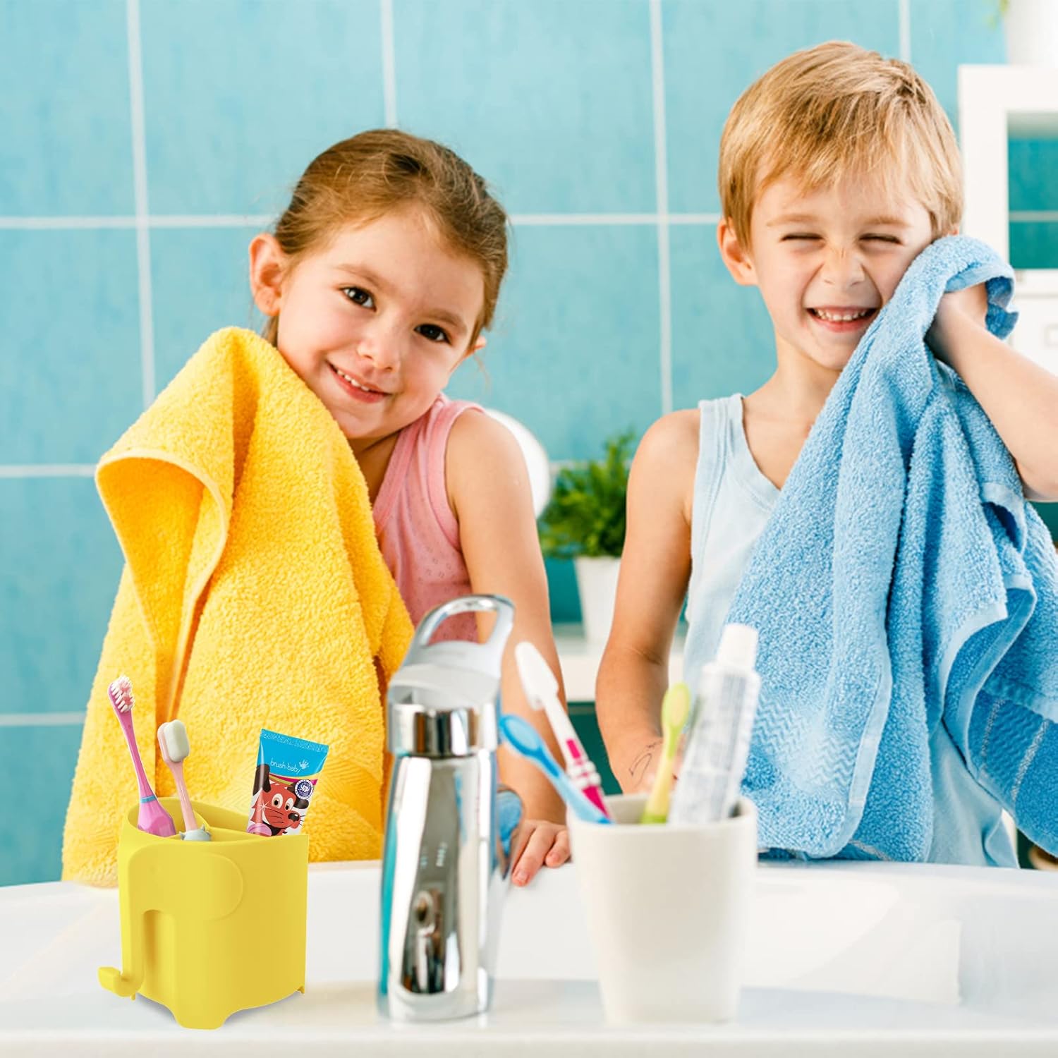 Organizing Kids Toothbrushes in a Funny Elephant Style Holder Yellow