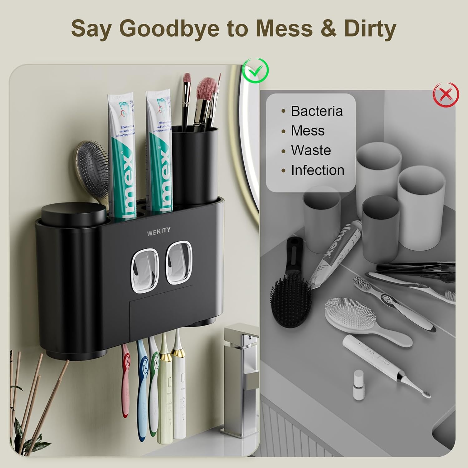Wekity Wall Mounted Toothbrush Holder with Squeezers and Cups