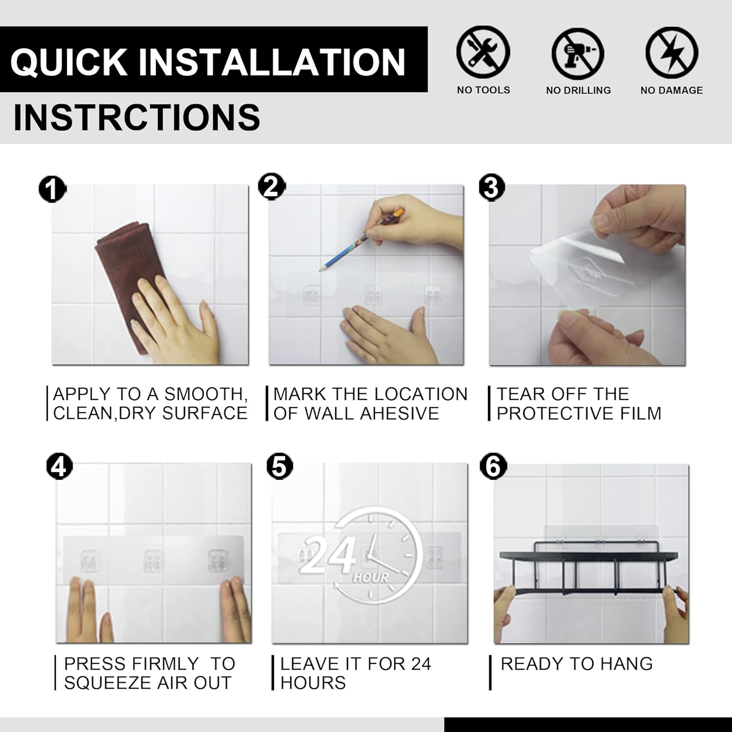 Shower Caddy Shelf with Hooks 4-Pack Adhesive
