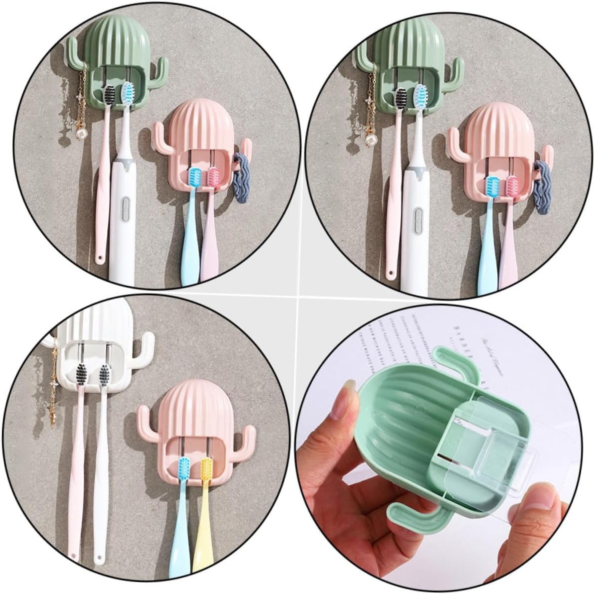 TopperFun Wall-Hanging 4-Pack ToothBrush Racks with Cactus Decor