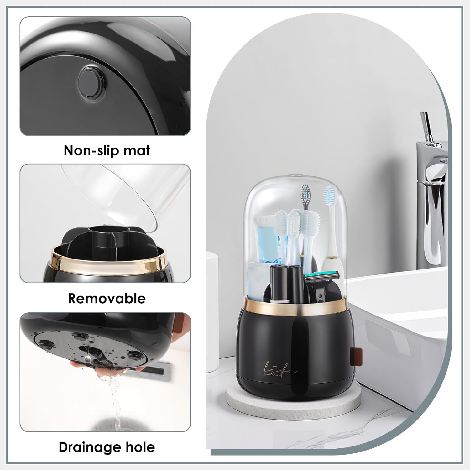 EXIN DECHEN 360 Degree Rotating Toothbrush Holder with Cover Black