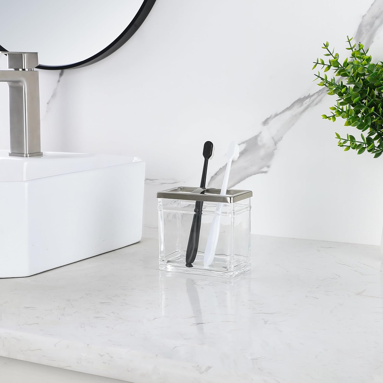 H Halston Heavy Weight Oversized Glass Toothbrush Holder with Marble Design