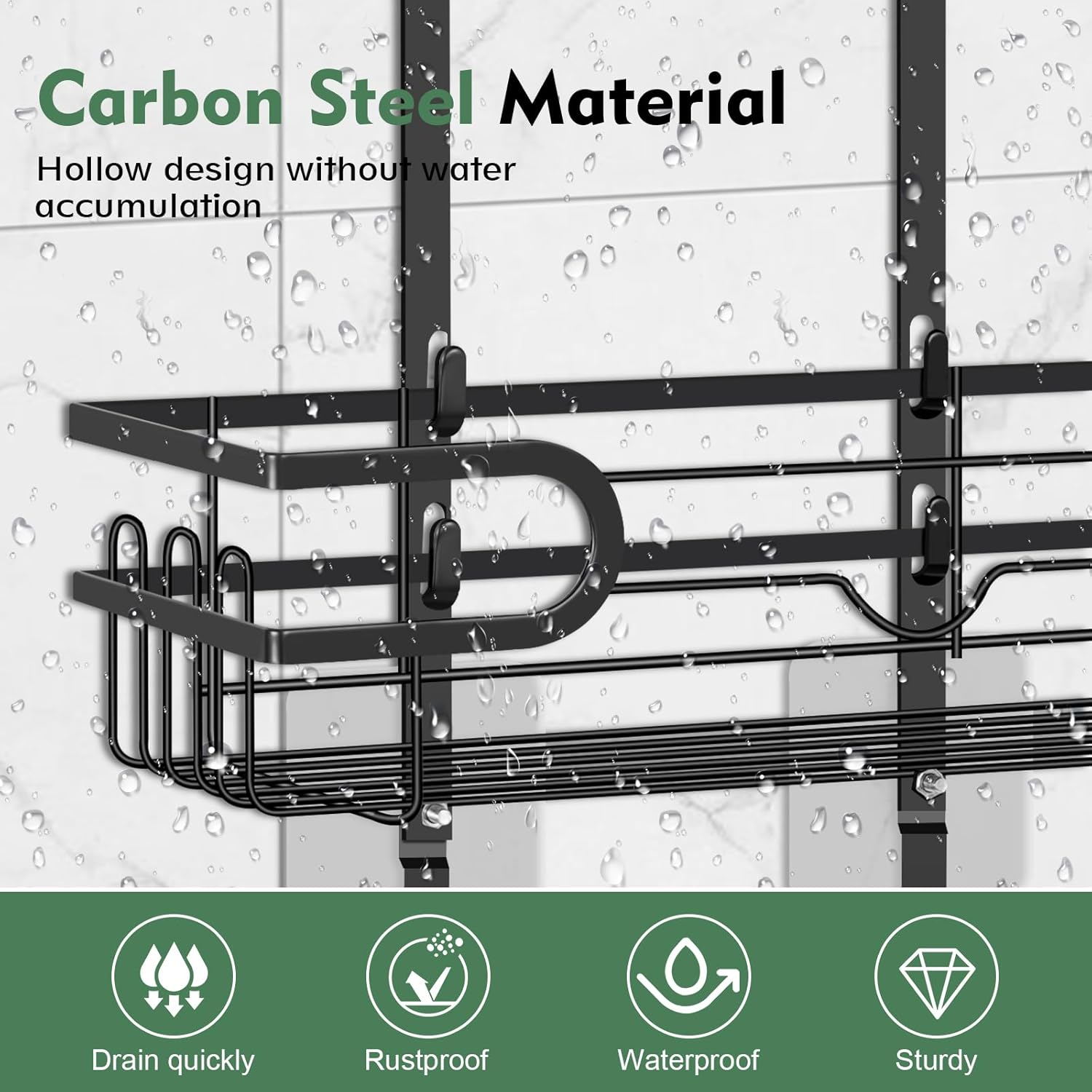 Shower Caddy with 3 Layers and 4 Hooks - Black