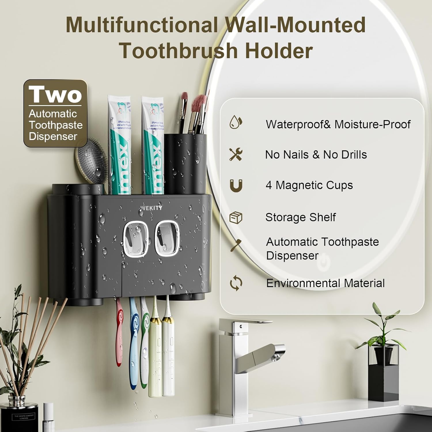 Wekity Wall Mounted Toothbrush Holder with Squeezers and Cups