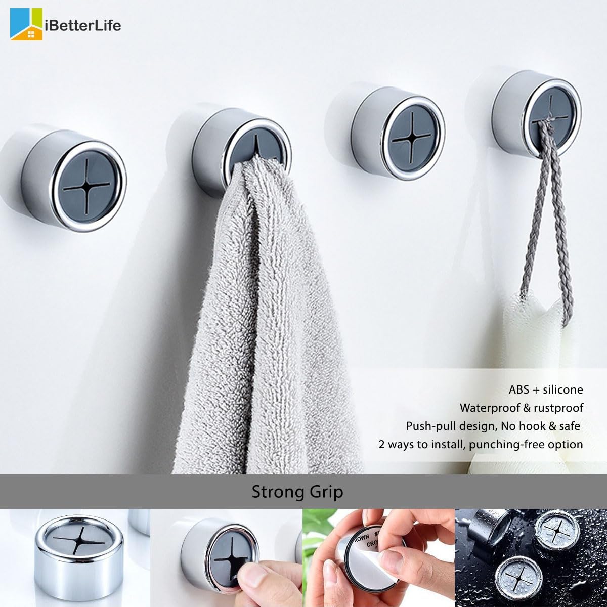 4-Piece Silicone Toothbrush Holder Adhesive Towel Hook Set for Bathroom Kitchen