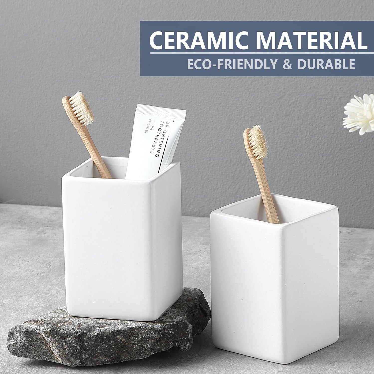 Top Choice Ceramic Toothbrush Holder Space-Saving Design White Square Reusable Hypoallergenic