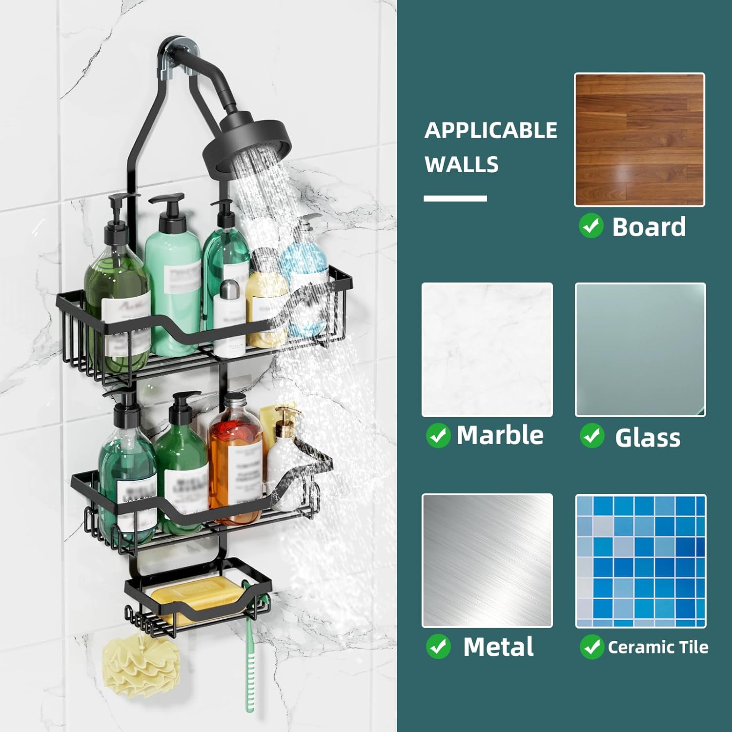 GAOKASE 3 Tier Shower Caddy with Baskets and Hooks - Black