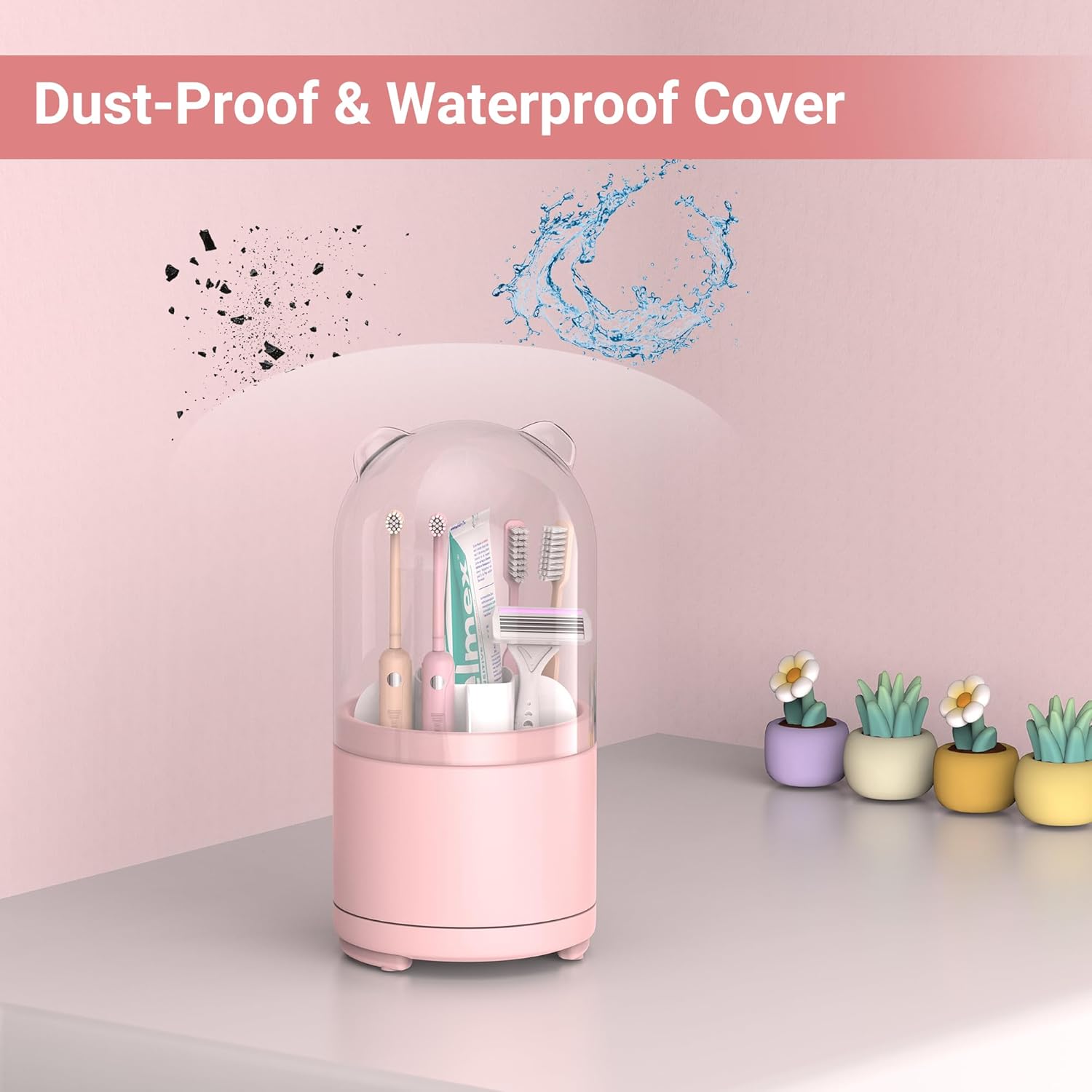 Pink Rotating Toothbrush Holder with Lid for Bathroom