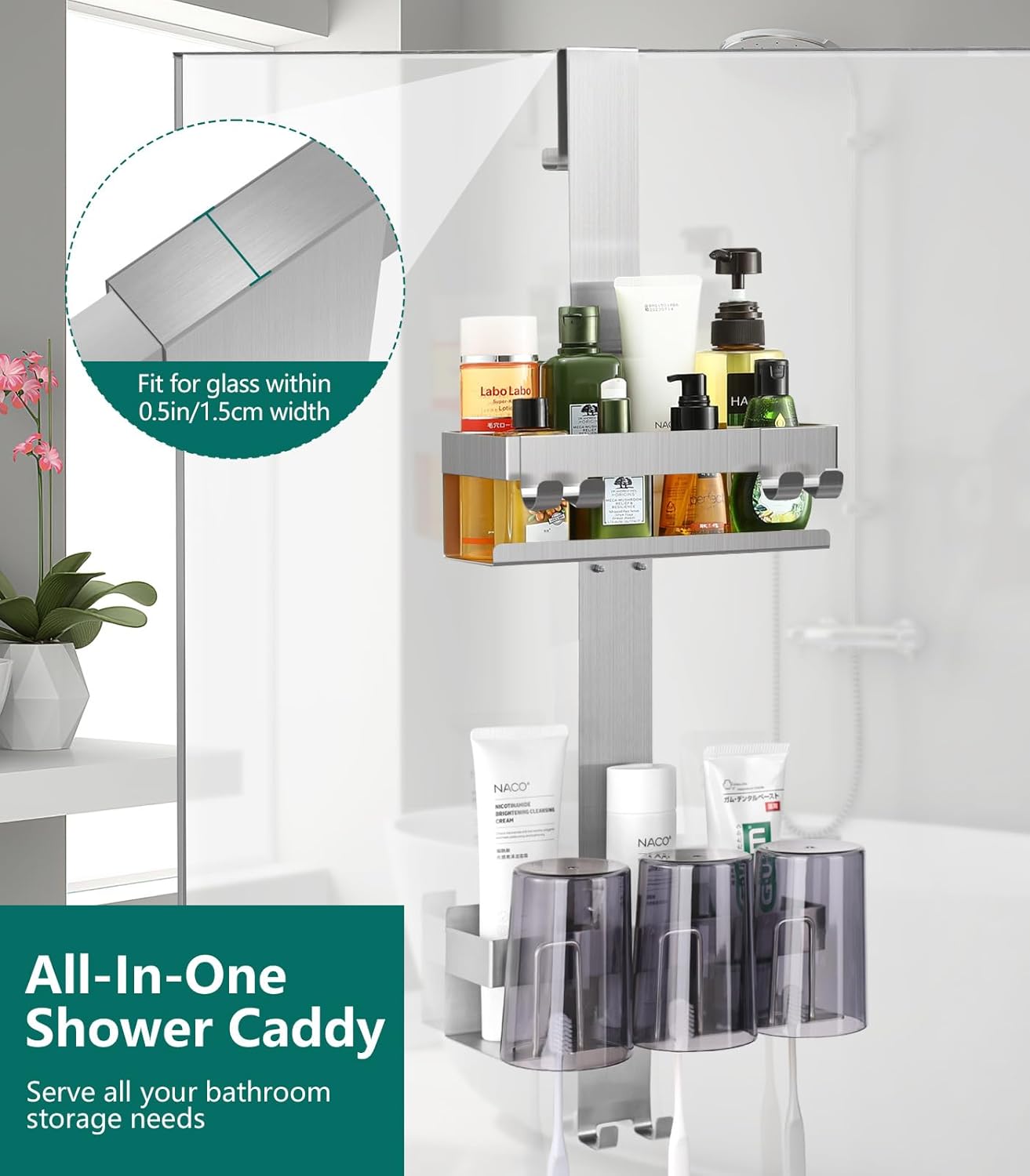2 Tier Over The Door Shower Caddy with Hooks and Baskets