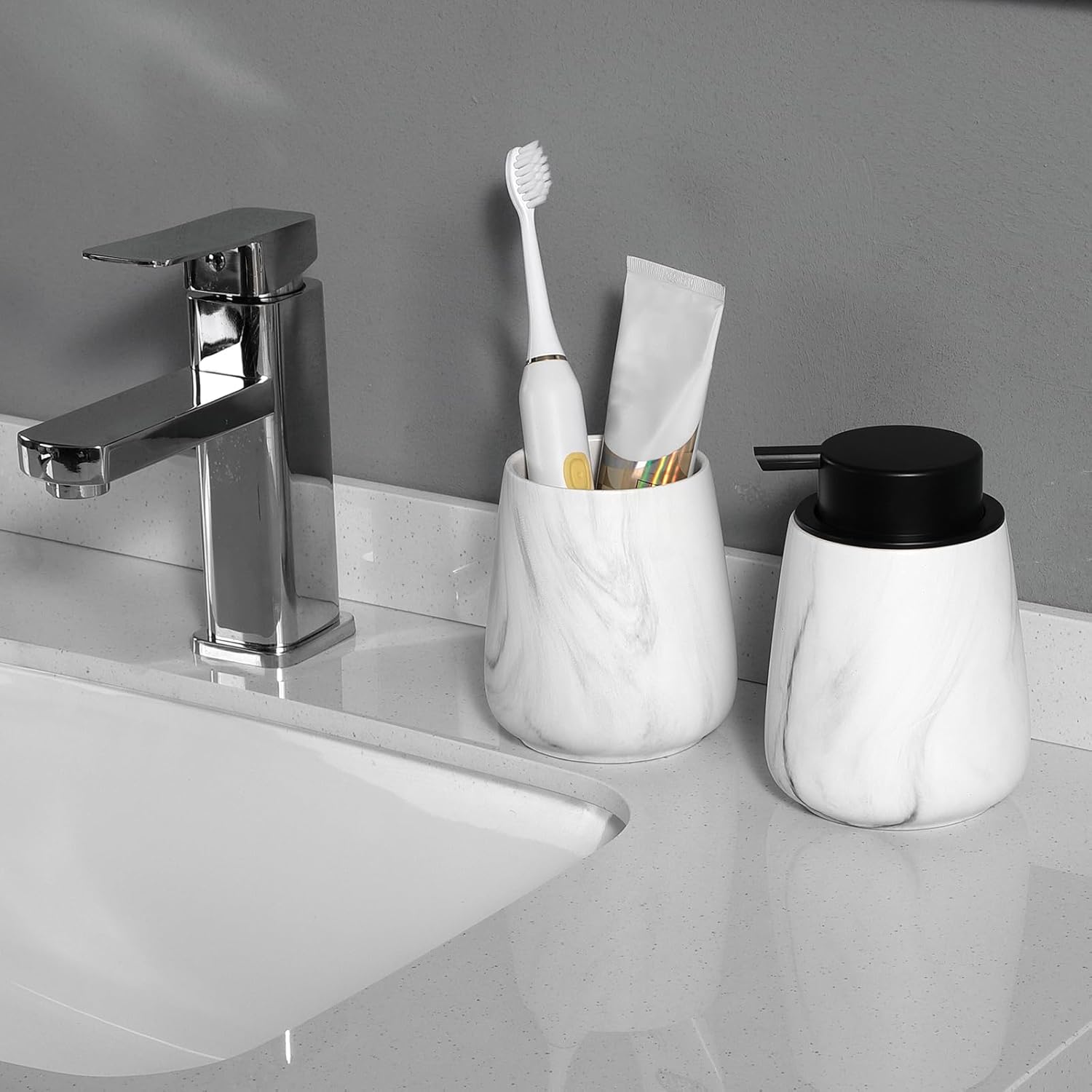 2Pcs Marble White Ceramic Toothbrush Holder Set