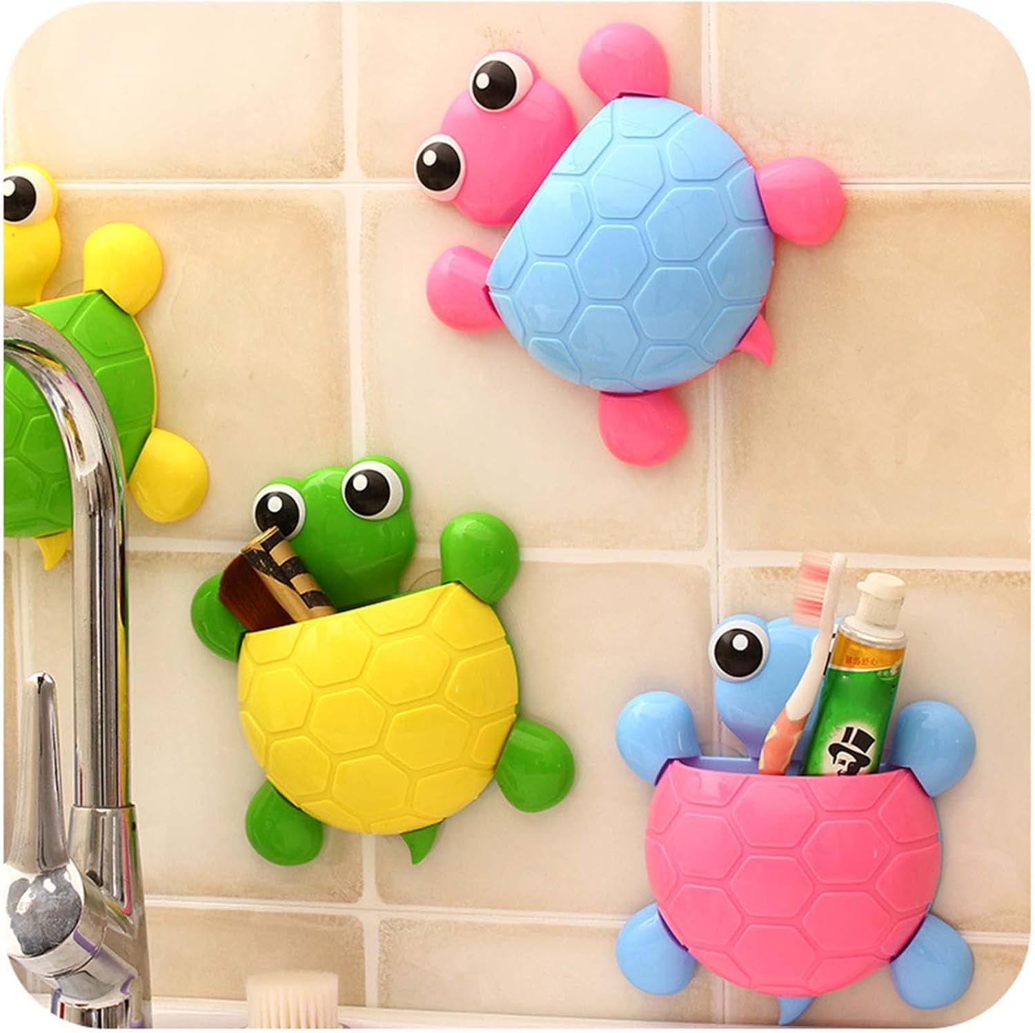 Cute Turtle Toothbrush Holder - Wall-Mounted Suction Cup Design for Elegance