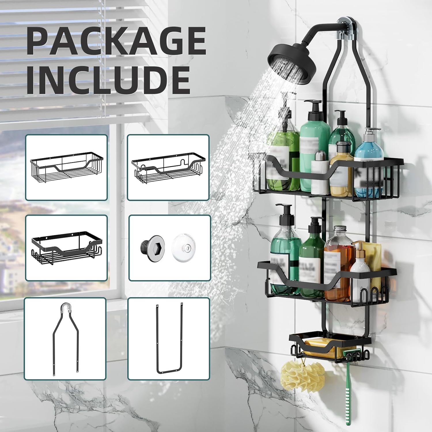 GAOKASE 3 Tier Shower Caddy with Baskets and Hooks - Black