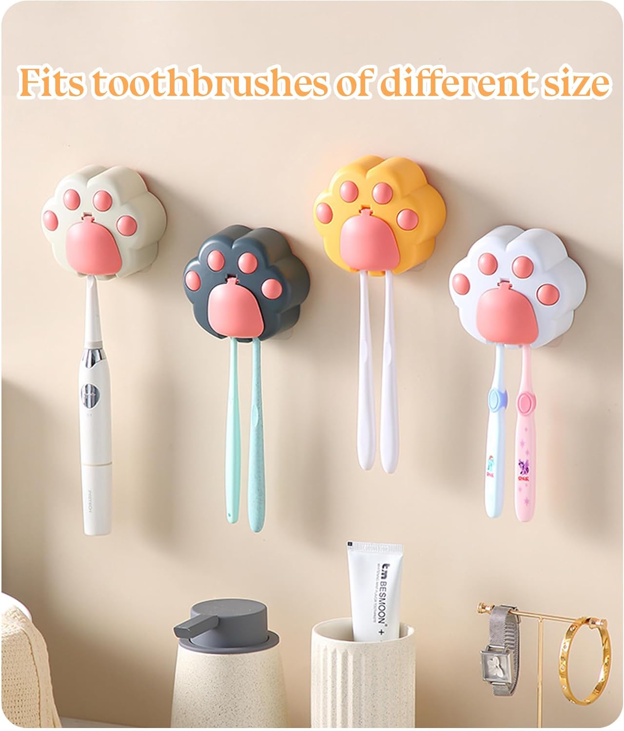 White Pink Cute Cat Paw Kids Toothbrush Holder Wall Mounted with Cover