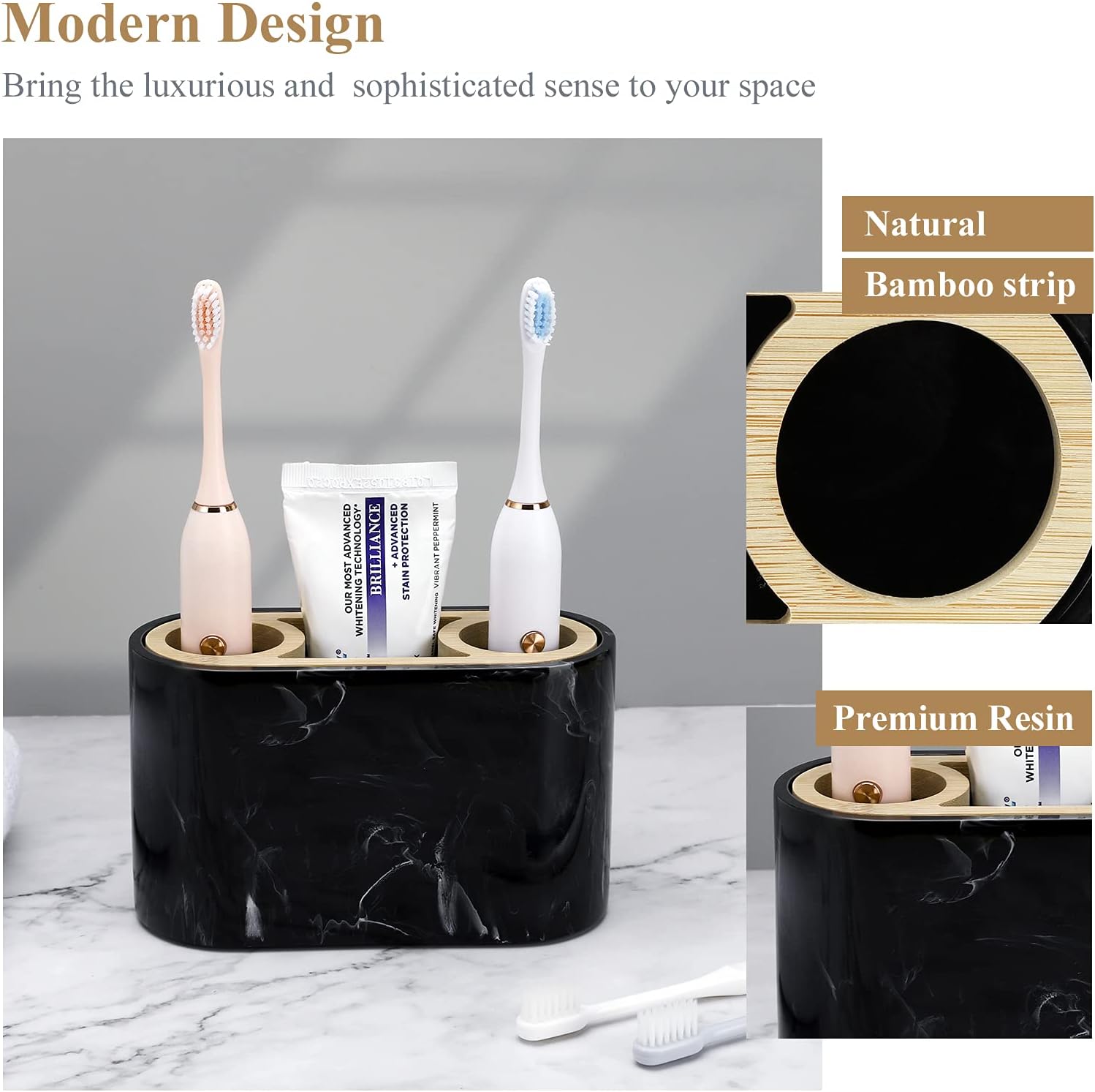 Shinowa Toothbrush Holder with Drainage Marble and Bamboo Design