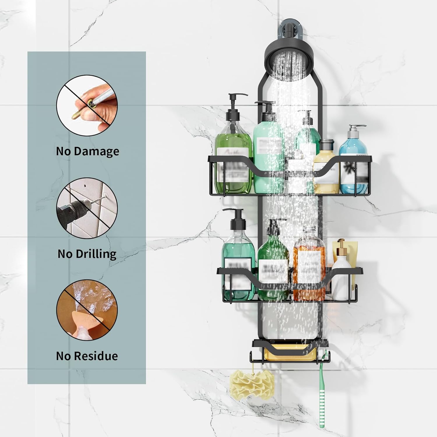 GAOKASE 3 Tier Shower Caddy with Baskets and Hooks - Black