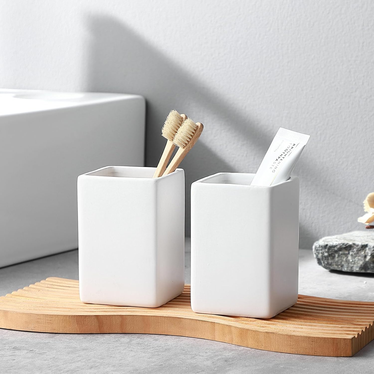 Top Choice Ceramic Toothbrush Holder Space-Saving Design White Square Reusable Hypoallergenic