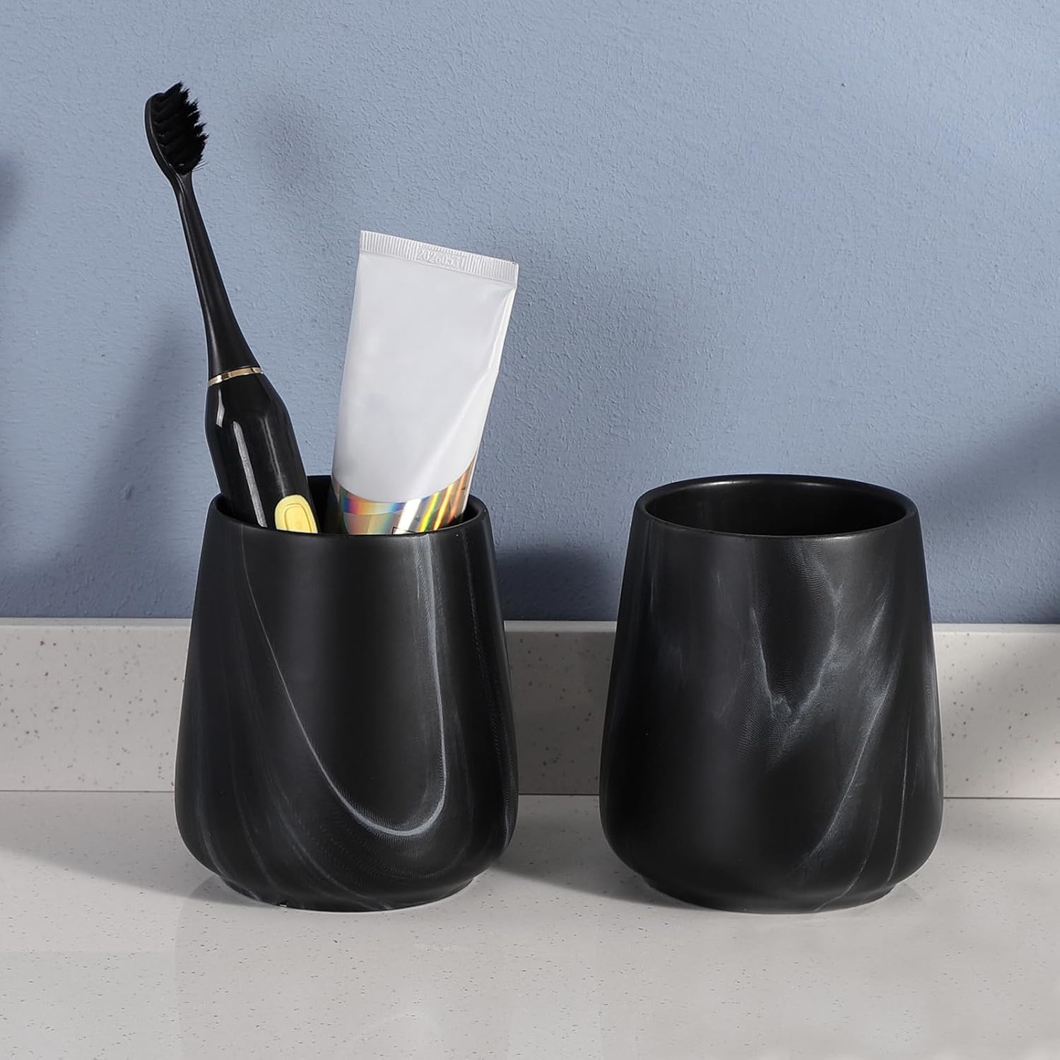 2Pcs Toothbrush Holder Set - Marble Black Ceramic