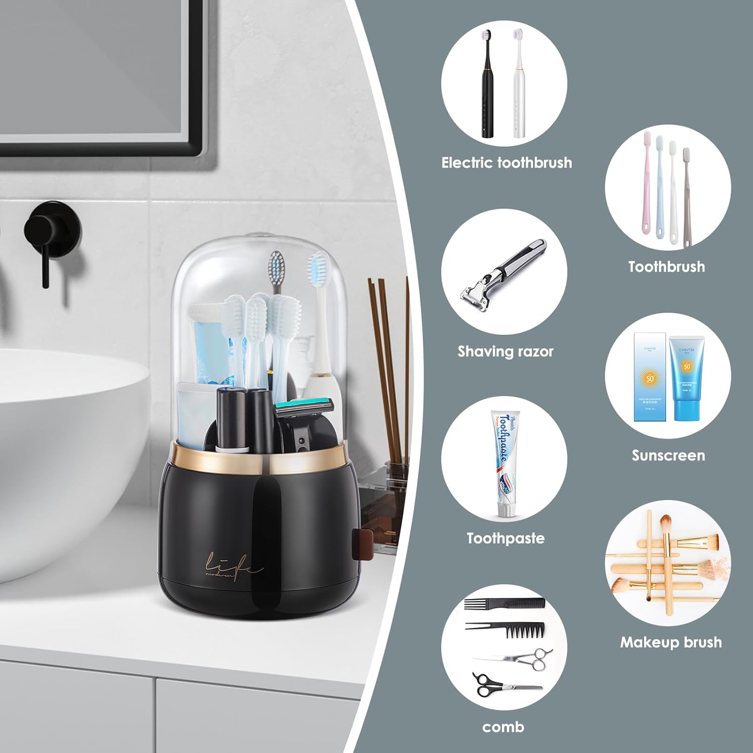 EXIN DECHEN 360 Degree Rotating Toothbrush Holder with Cover Black
