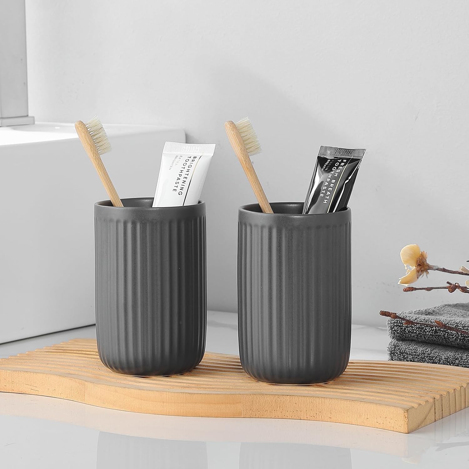 Matte Grey Ceramic Toothbrush Holder Set