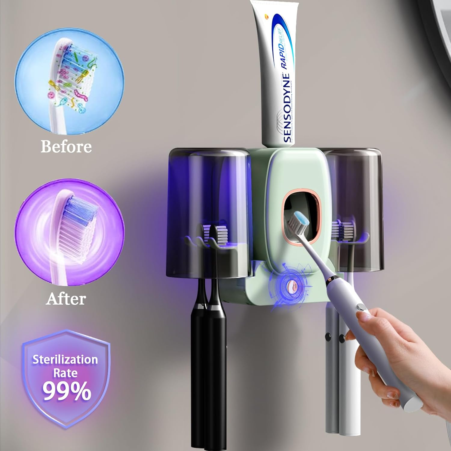 Wekity 4 Slot Electric Toothbrush Holder with Dispenser Green