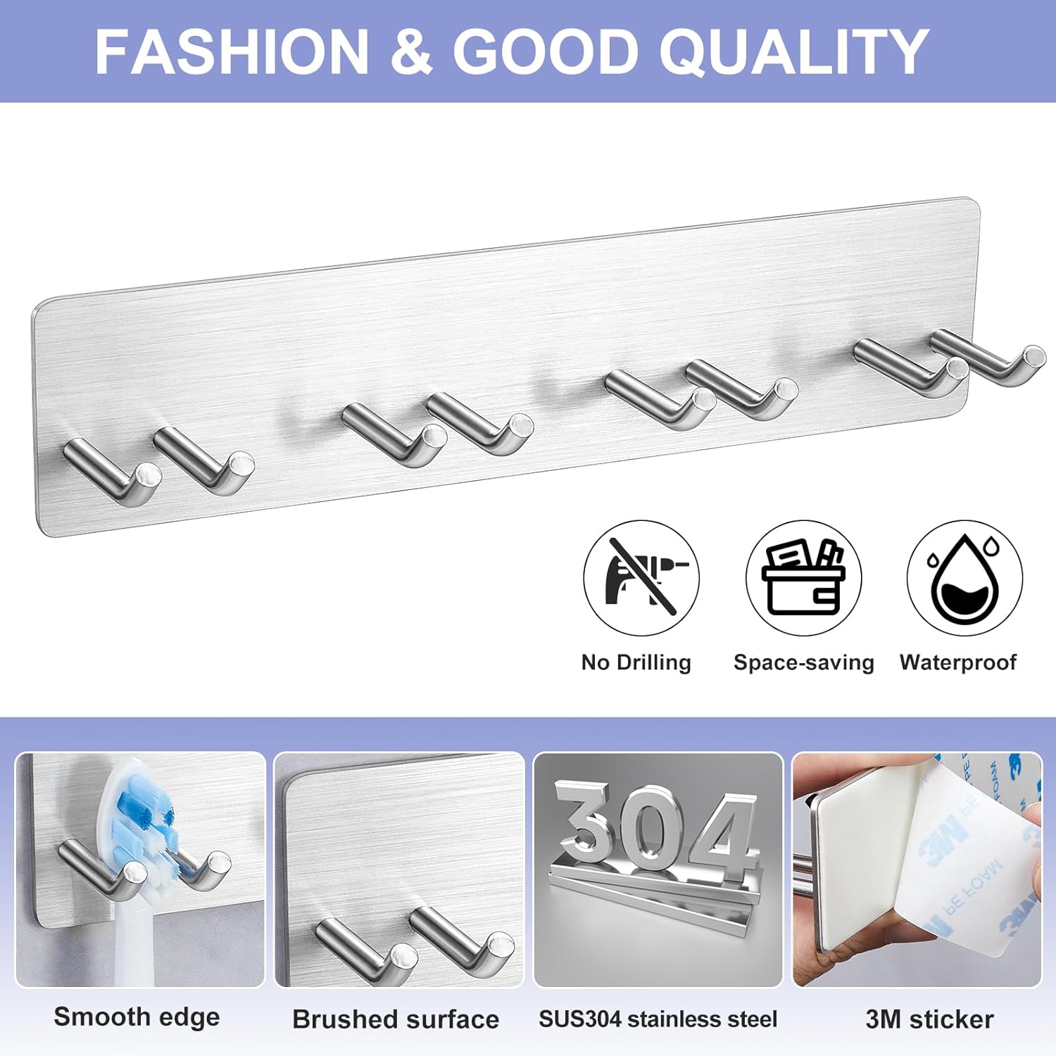 Sturdy Stainless Steel Toothbrush Holder with 3M Adhesive for bathrooms