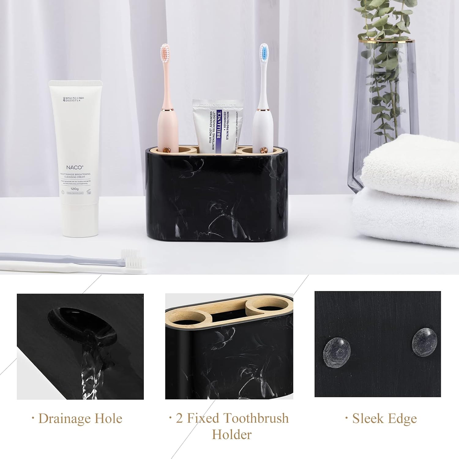 Shinowa Toothbrush Holder with Drainage Marble and Bamboo Design