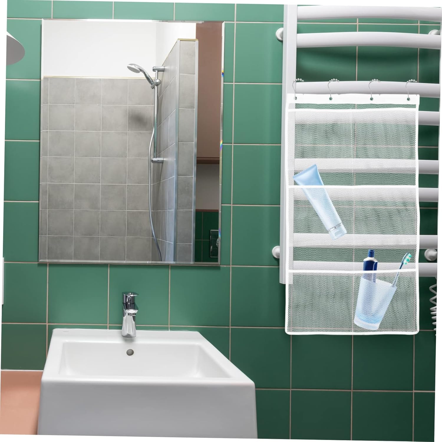 Hohopeti Mesh Shower Organizer with Hanging Bag for Space Saving Bathroom Use