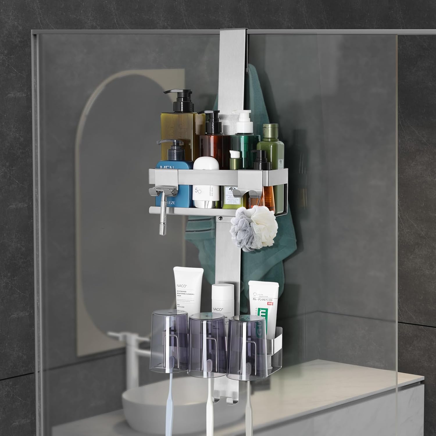 2 Tier Over The Door Shower Caddy with Hooks and Baskets