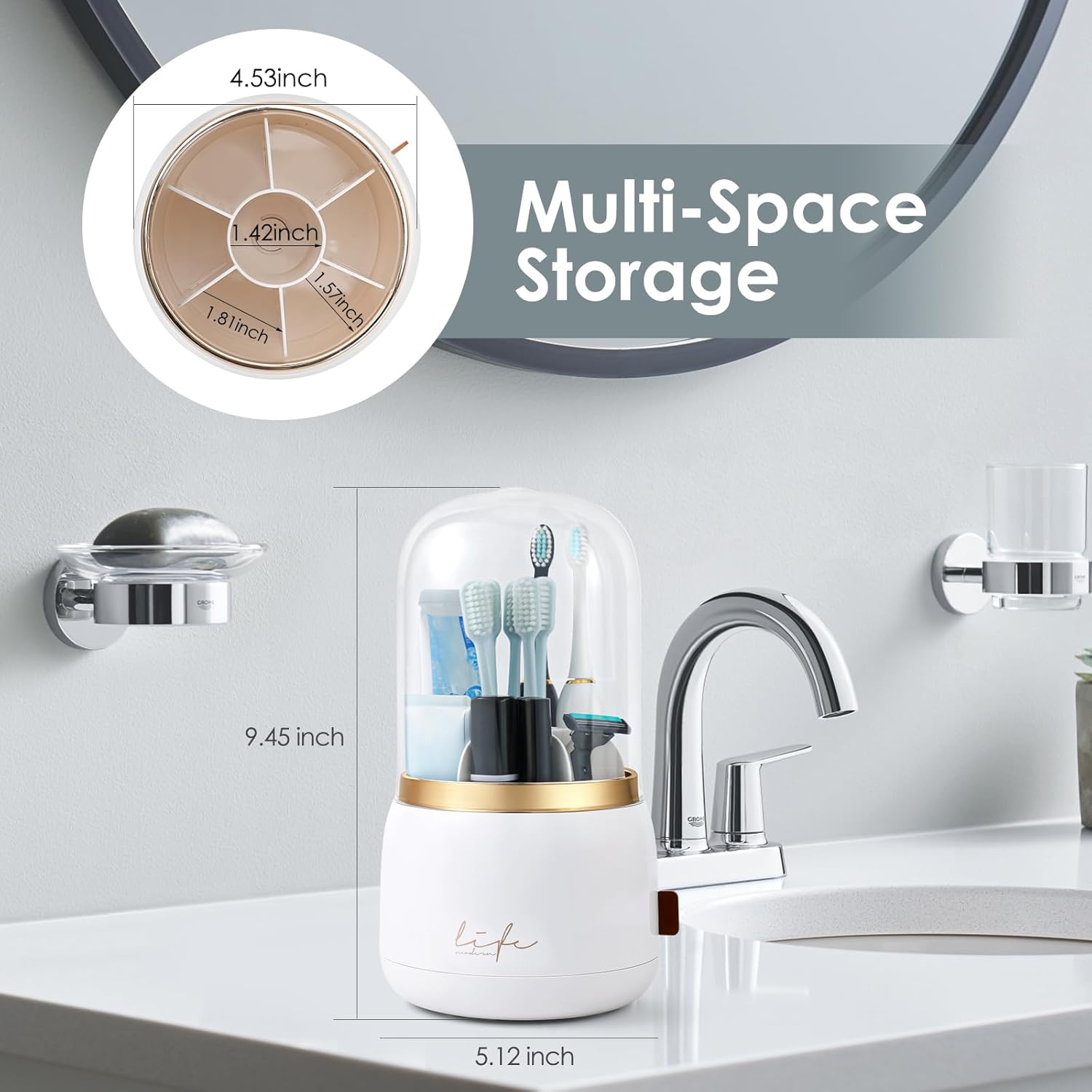Premium Rotating Toothbrush Holder with Drainage for Space-Saving Storage