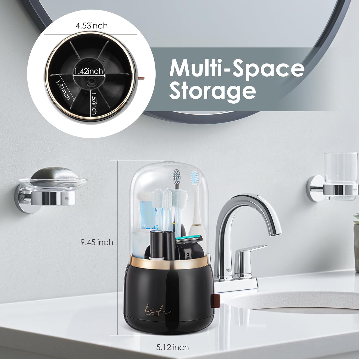 EXIN DECHEN 360 Degree Rotating Toothbrush Holder with Cover Black