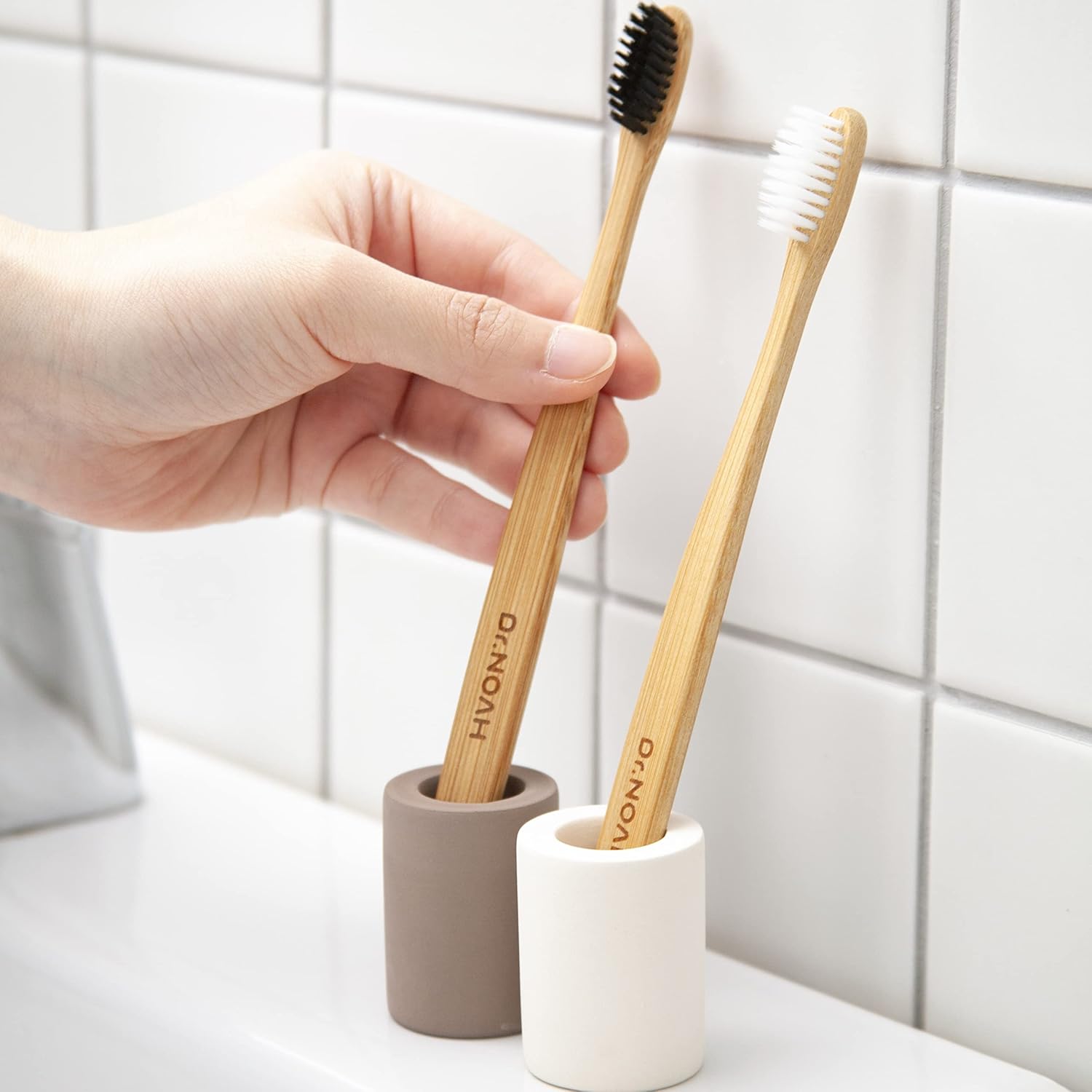 Dr NOAH Ceramic Toothbrush Holders 2-Pack - Pink Beige Chocolate Brown