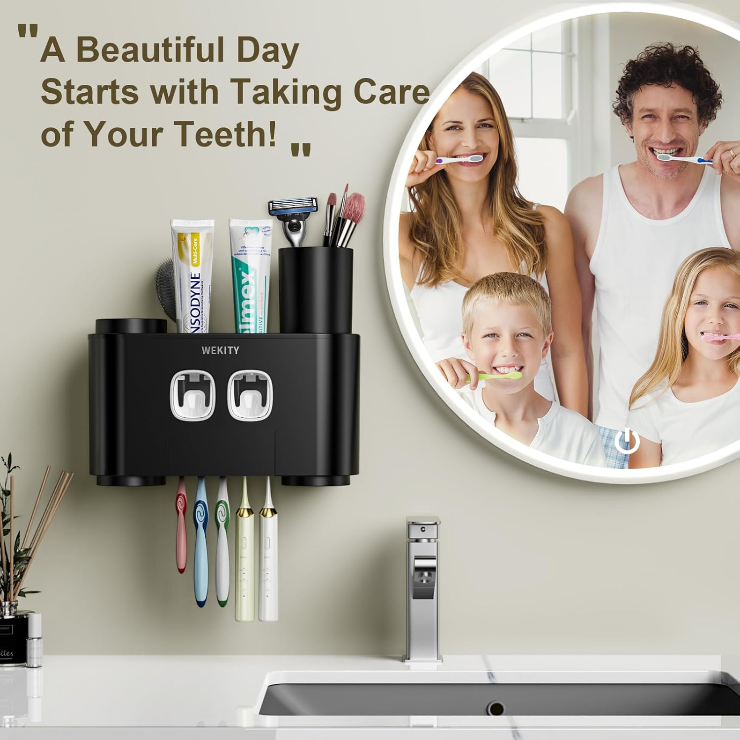 Wekity Wall Mounted Toothbrush Holder with Squeezers and Cups