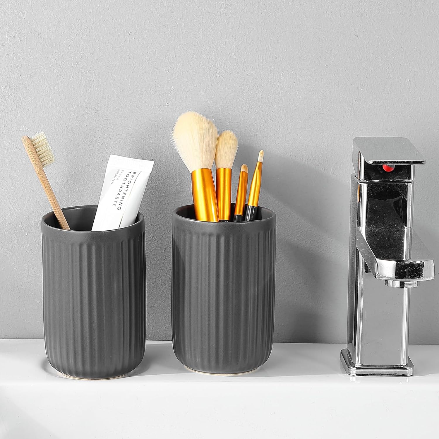 Matte Grey Ceramic Toothbrush Holder Set