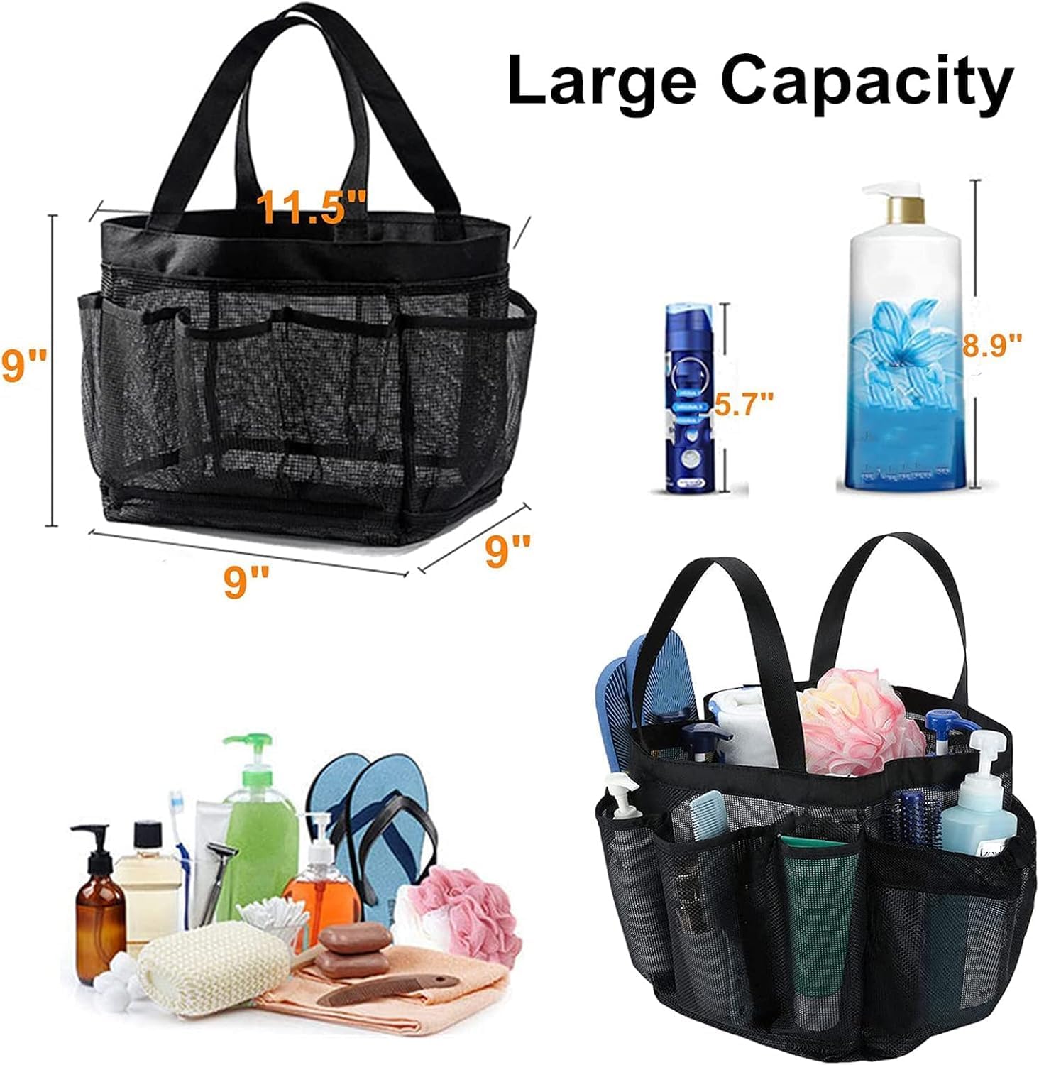 Portable Mesh Shower Caddy with 8 Deep Pockets - Black