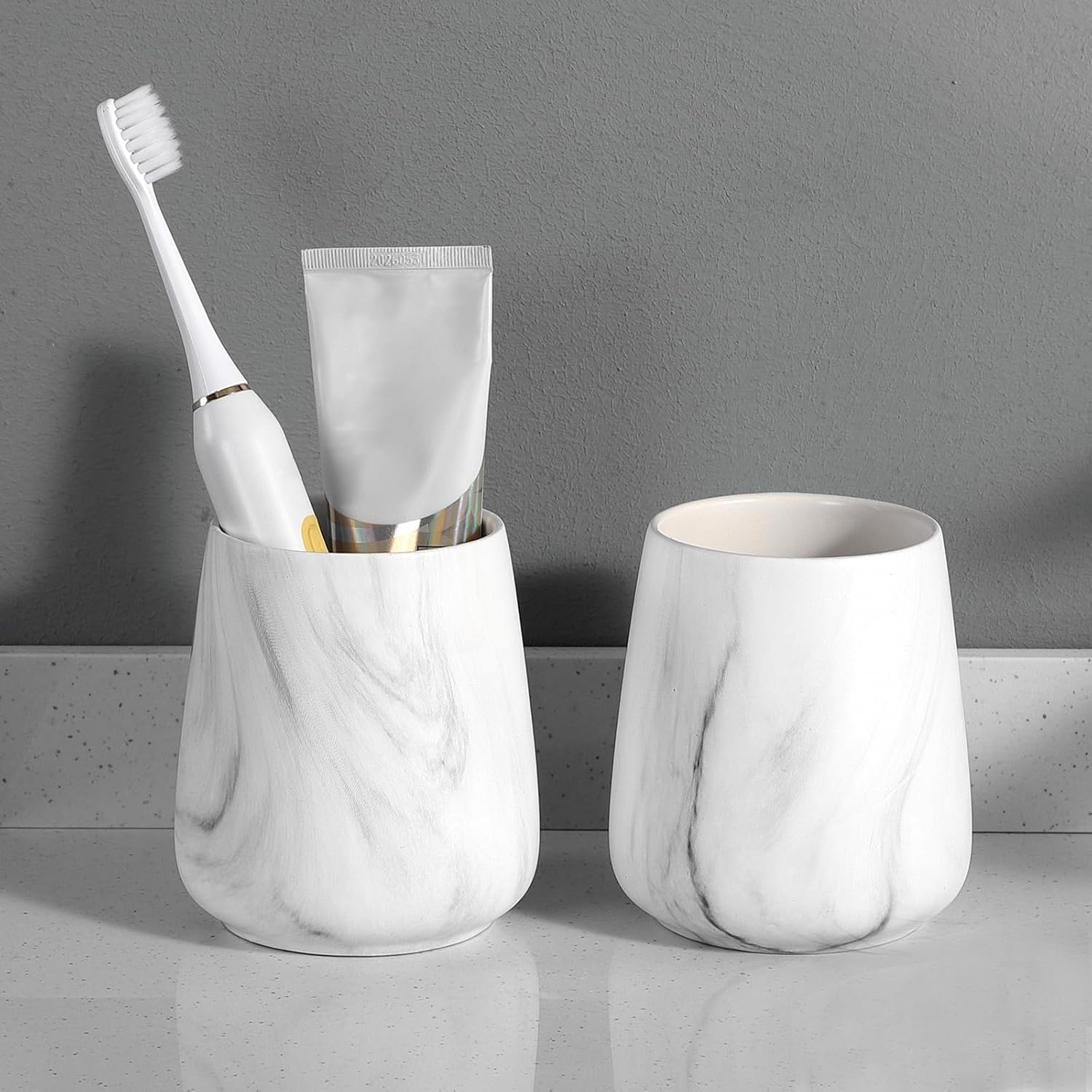 2Pcs Marble White Ceramic Toothbrush Holder Set