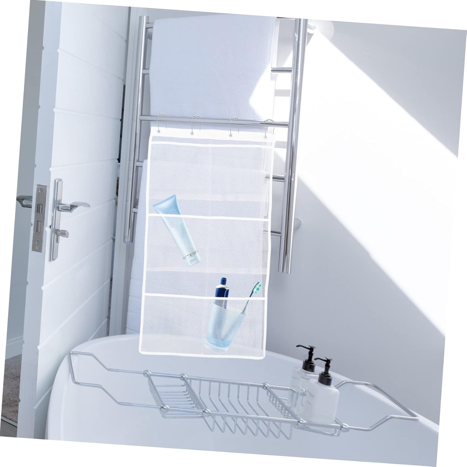 Hohopeti Mesh Shower Organizer with Hanging Bag for Space Saving Bathroom Use