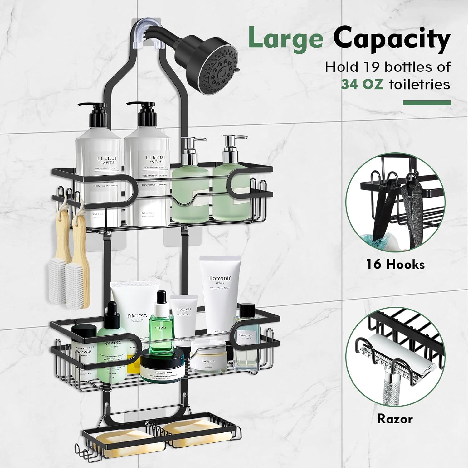 Shower Caddy with 3 Layers and 4 Hooks - Black