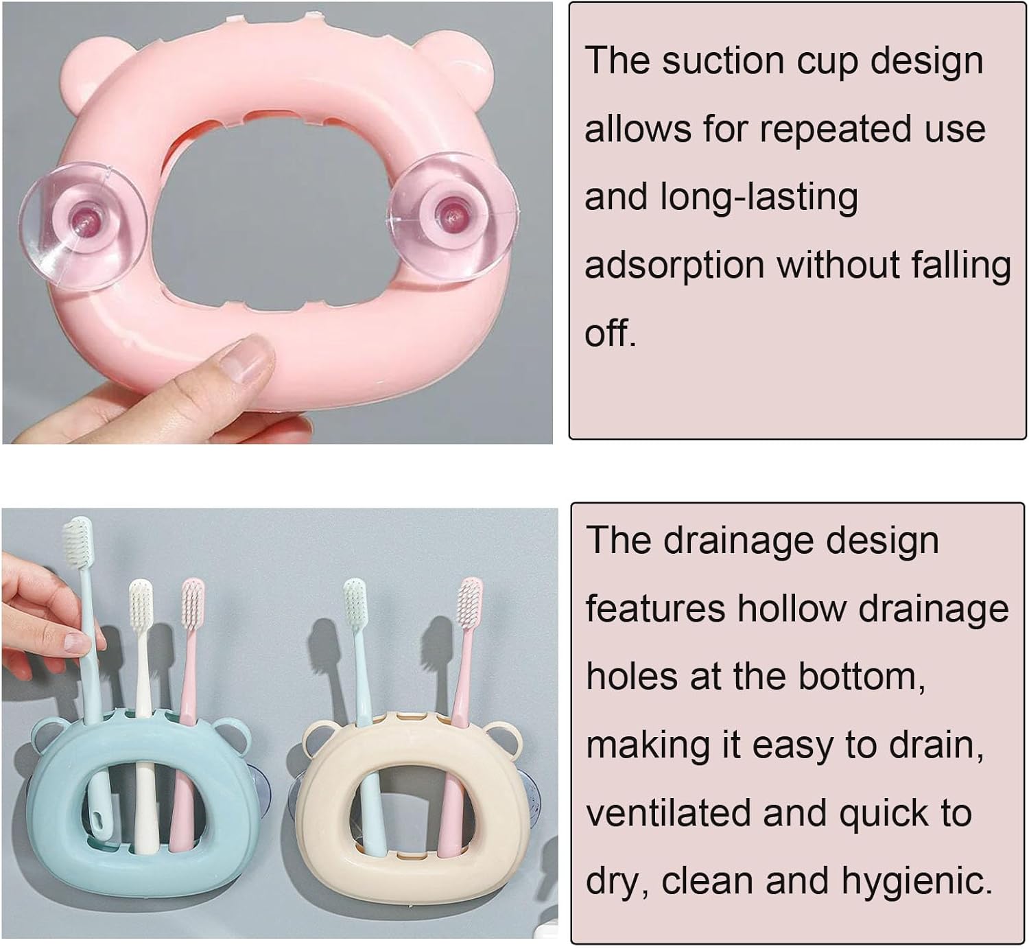 2 Pack Suction Toothbrush Holder with 3 Slots for Kids and Adults