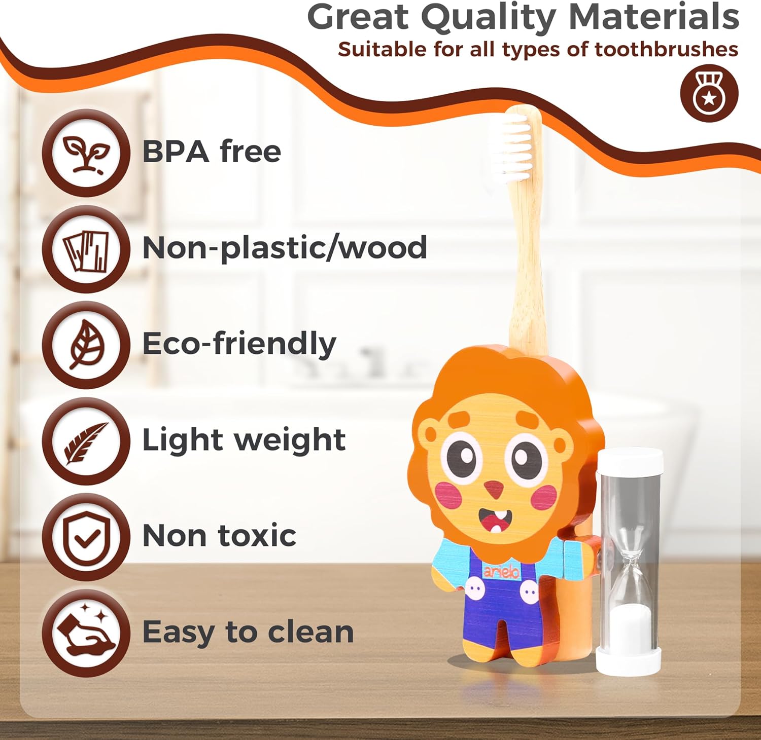 Arielo Lion Toothbrush Holder - 3-MIN Timer Kids Oral Care Tool