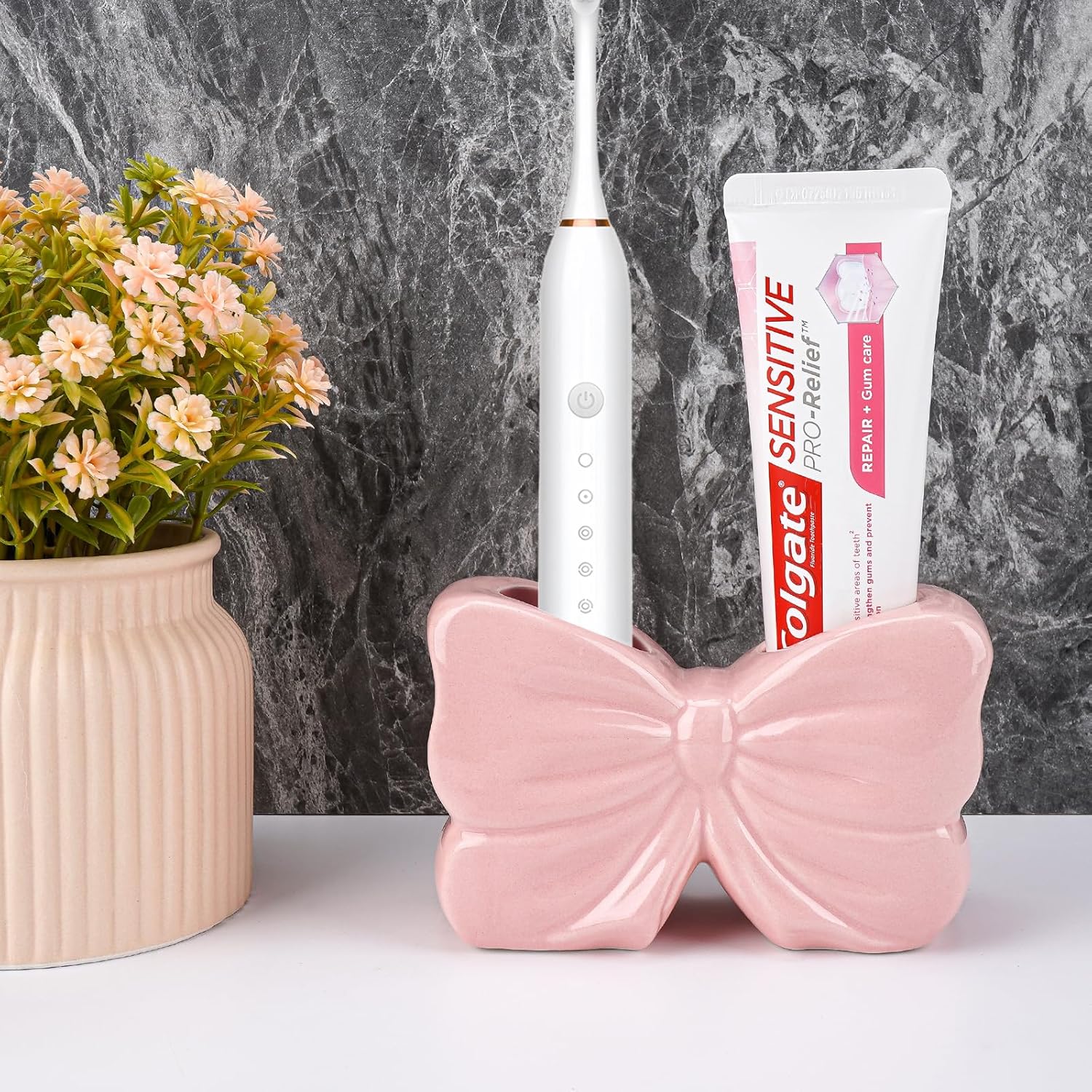 Cute Pink Ceramic Toothbrush Holder Toothpaste Organizer