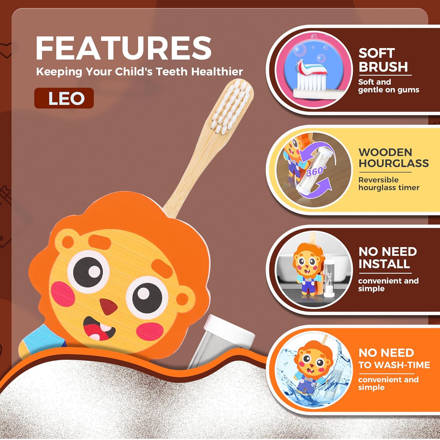 Arielo Lion Toothbrush Holder - 3-MIN Timer Kids Oral Care Tool