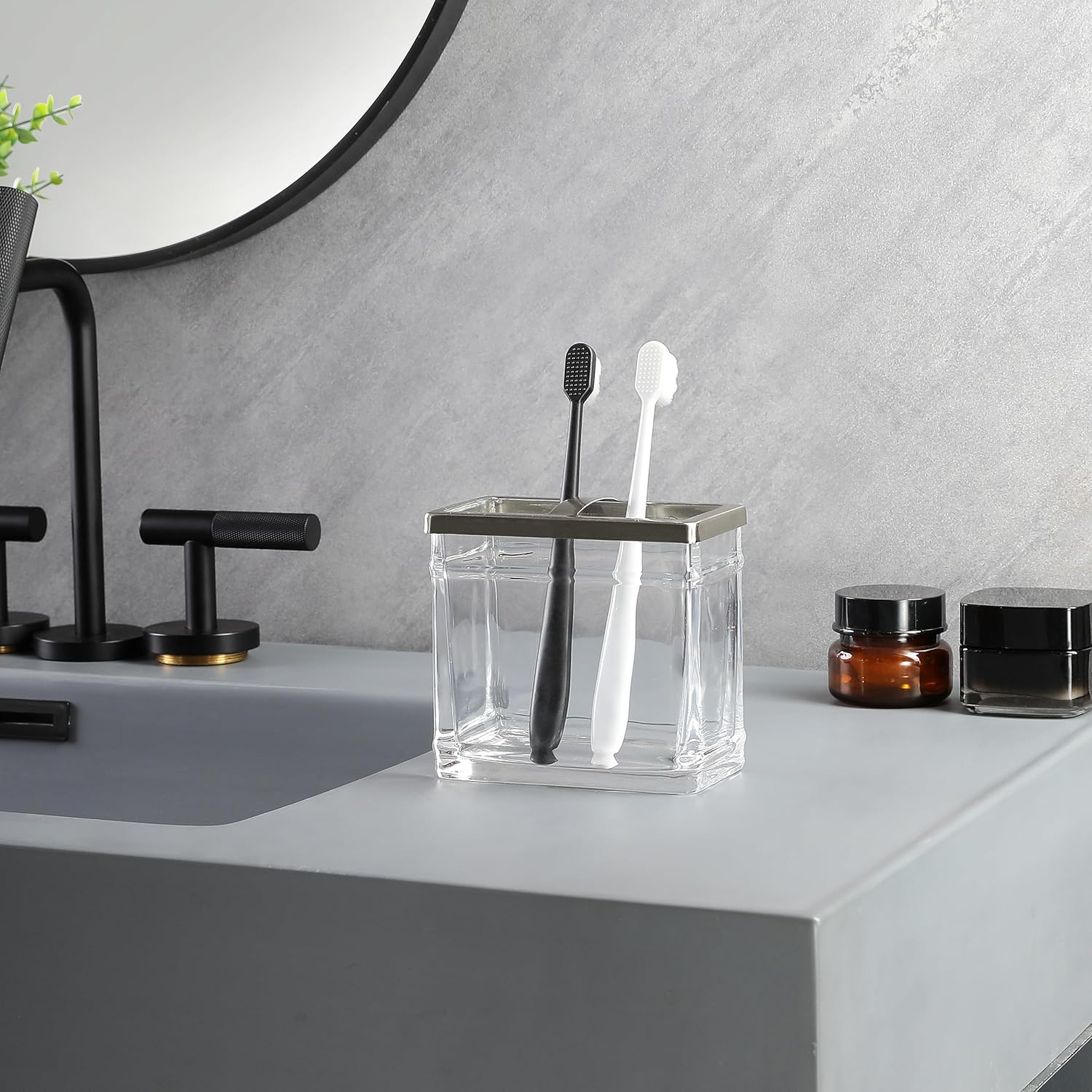 H Halston Heavy Weight Oversized Glass Toothbrush Holder with Marble Design