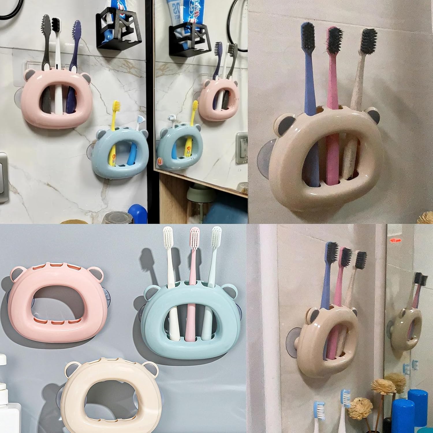 2 Pack Suction Toothbrush Holder with 3 Slots for Kids and Adults