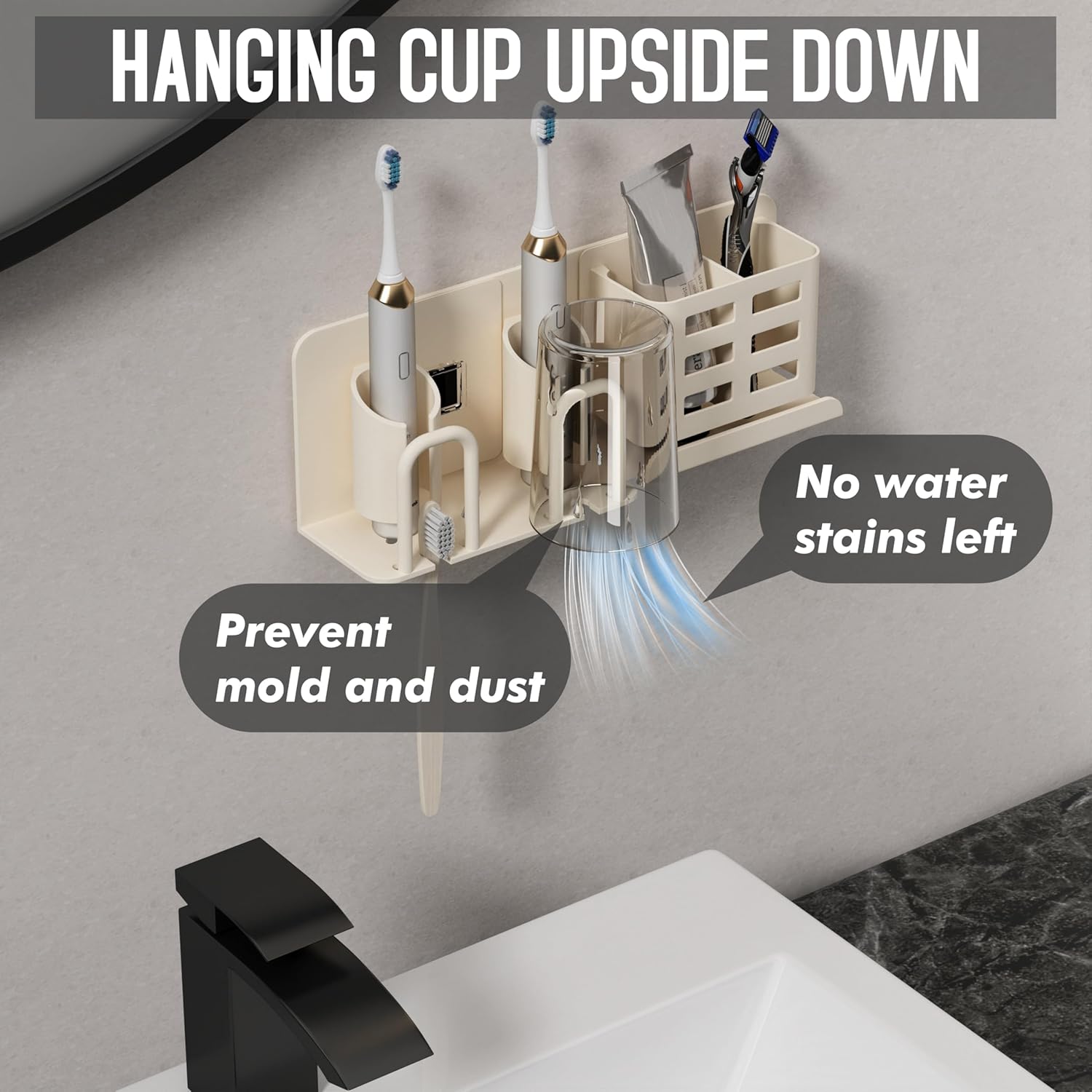 Sturdy Wall-Mounted Toothbrush Holder Easy to Use with 2 Cups
