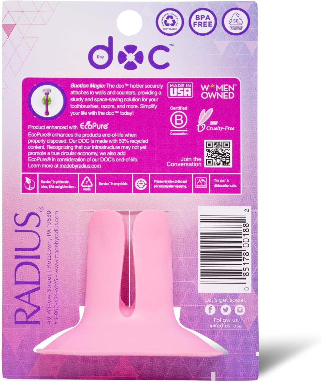 RADIUS DOC Suction Toothbrush Razor Holder 1 Count Eco-Friendly Dishwasher Safe