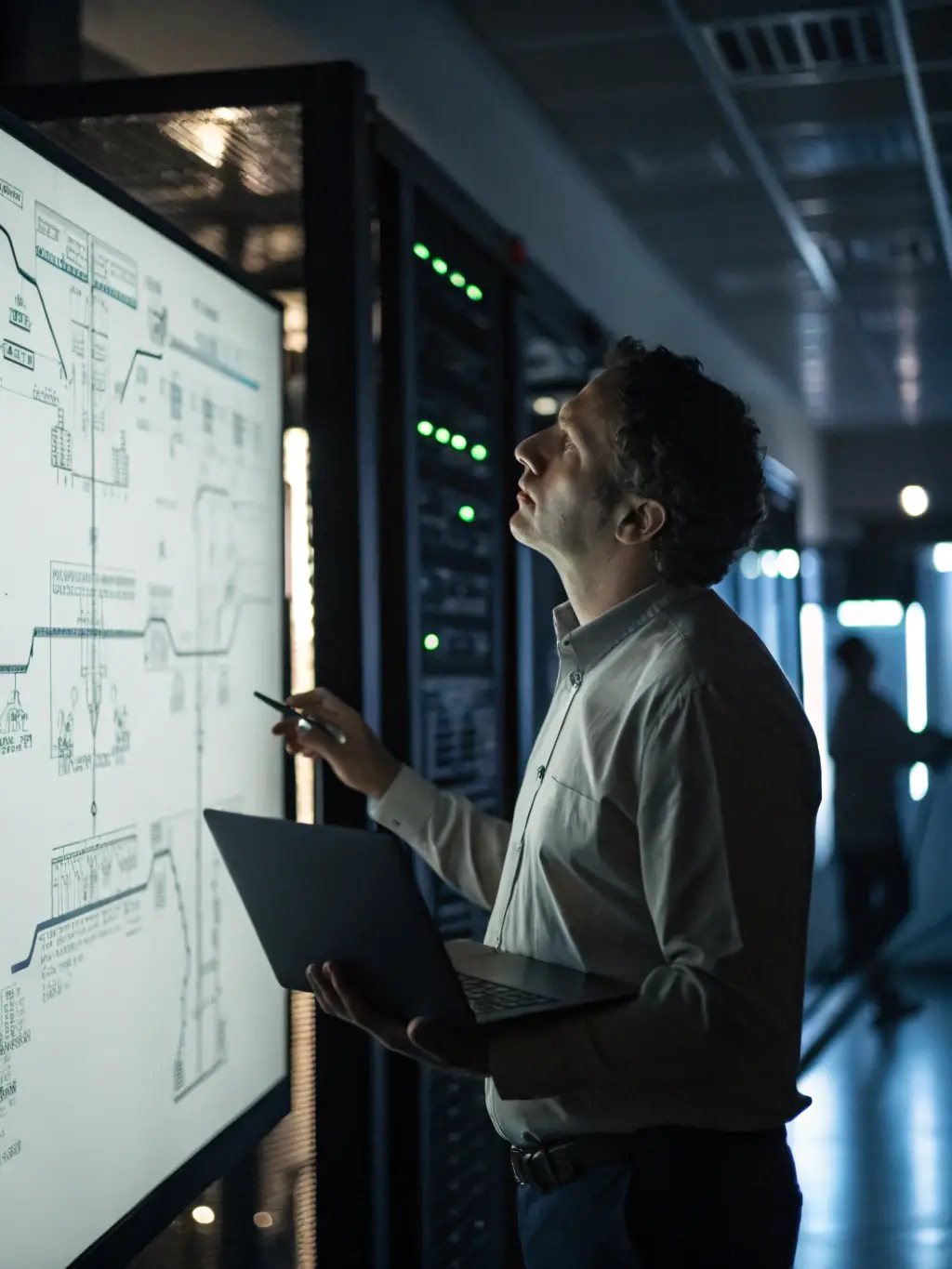 A professional IT consultant analyzing network infrastructure in a modern office setting, focusing on network optimization.
