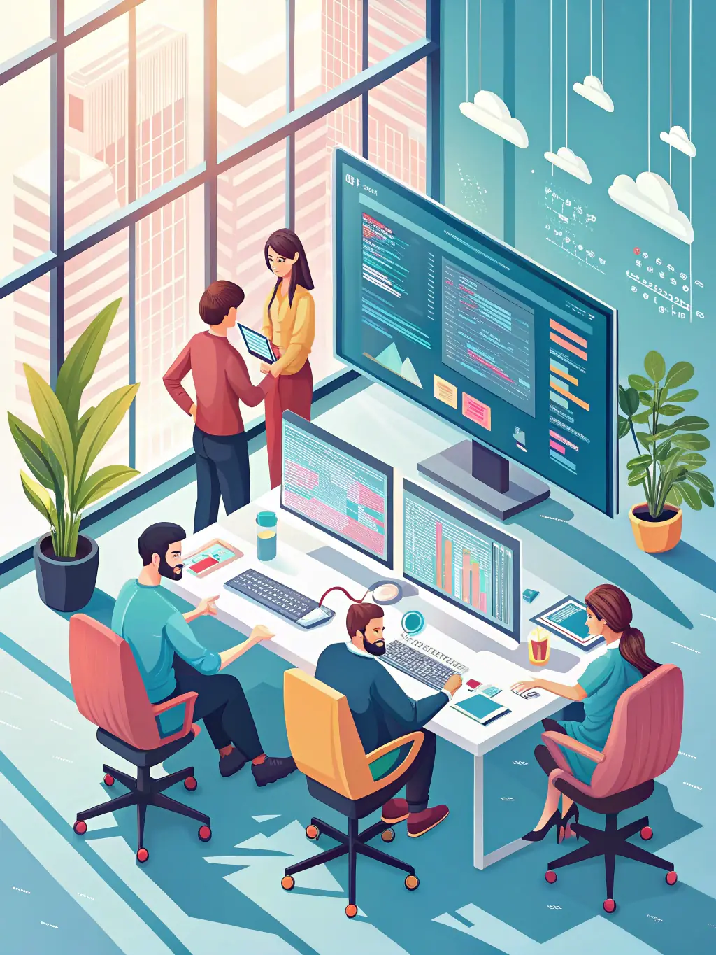 Software developers working together on a complex coding project, highlighting collaboration and innovation in software development.