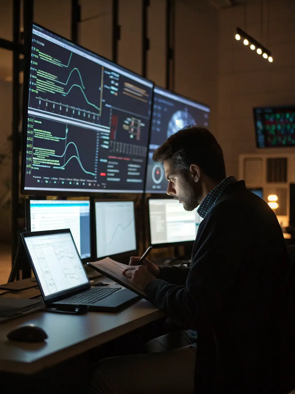 A cybersecurity expert monitoring network traffic and analyzing potential threats on multiple screens in a high-tech security operations center.