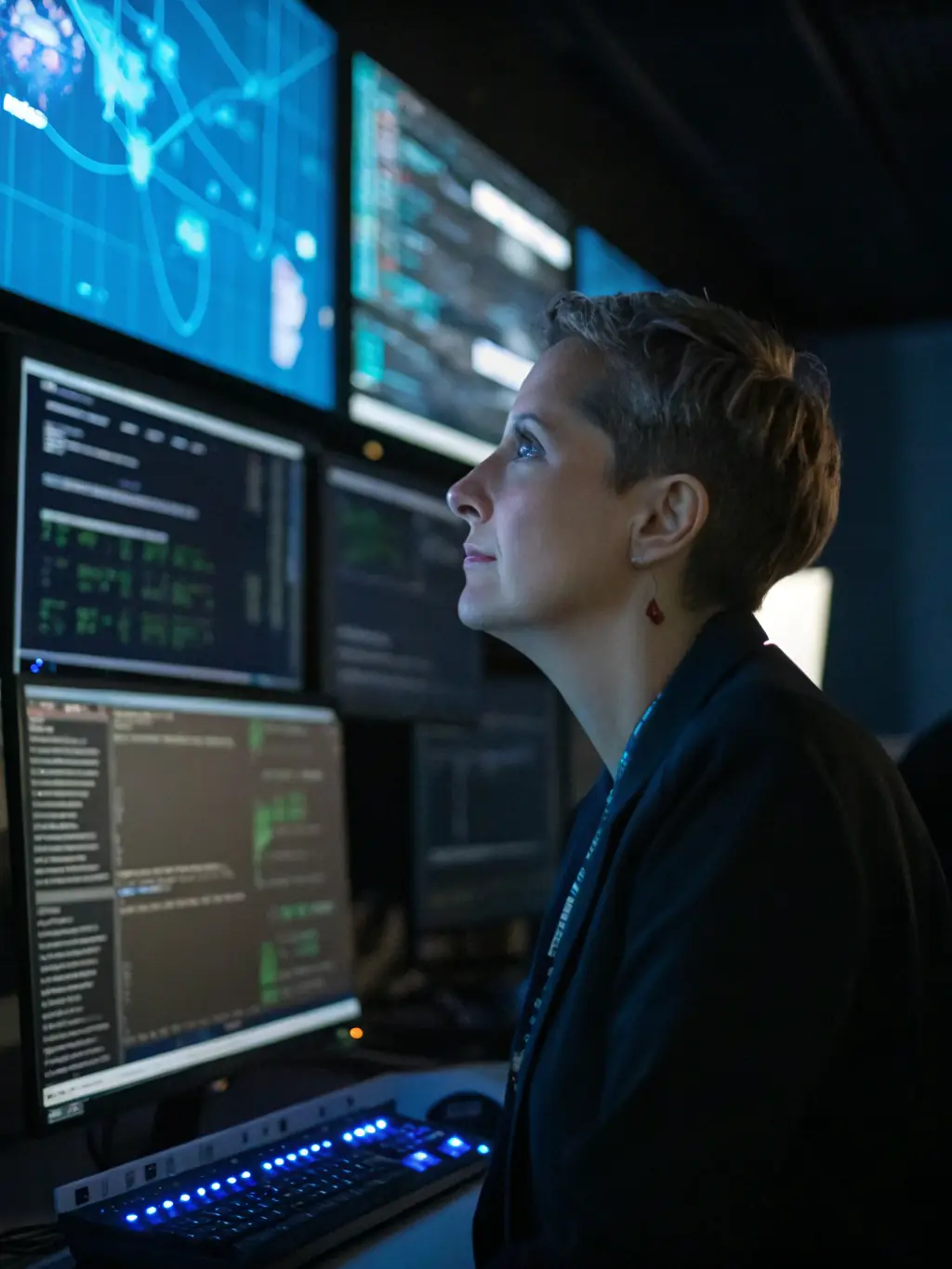 A cybersecurity expert conducting a security audit on a computer system, emphasizing data protection.